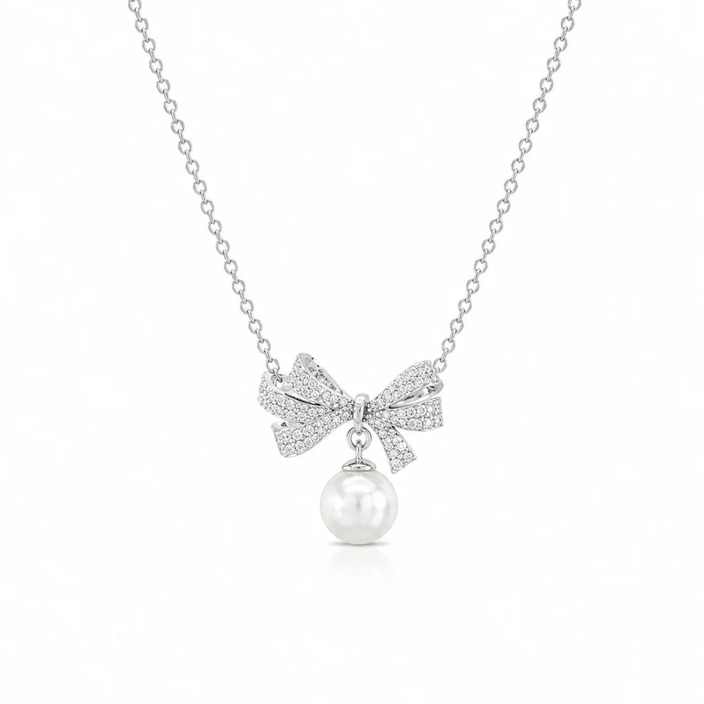Crystal Bow Pearl Drop Pendant Necklace