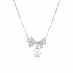 Crystal Bow Pearl Drop Pendant Necklace