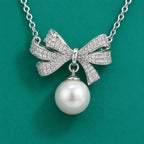 Crystal Bow Pearl Drop Pendant Necklace