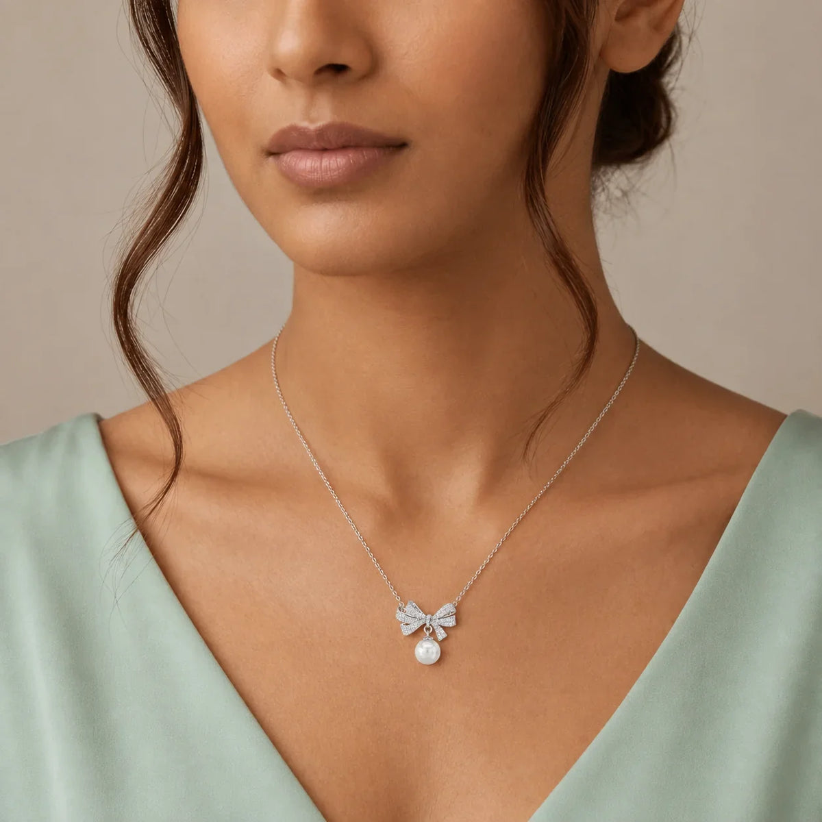 Crystal Bow Pearl Drop Pendant Necklace
