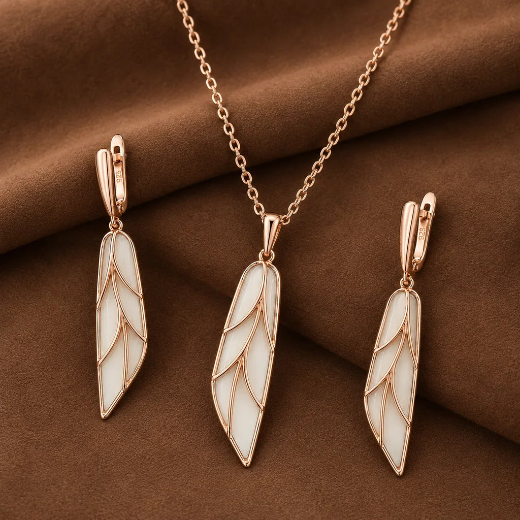 Rose Gold Leaf Necklace & Drop Earrings Set