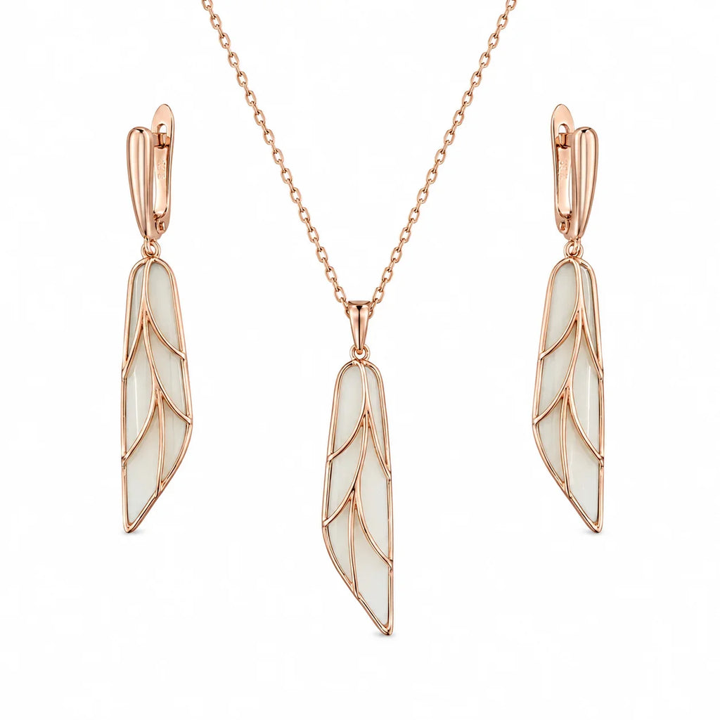 Rose Gold Leaf Necklace & Drop Earrings Set