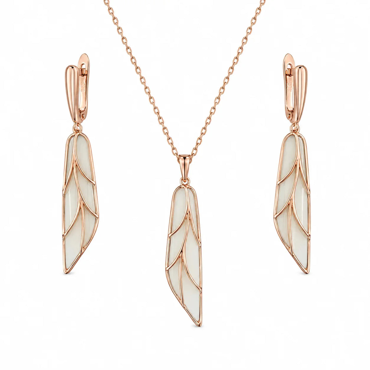 Rose Gold Leaf Necklace & Drop Earrings Set
