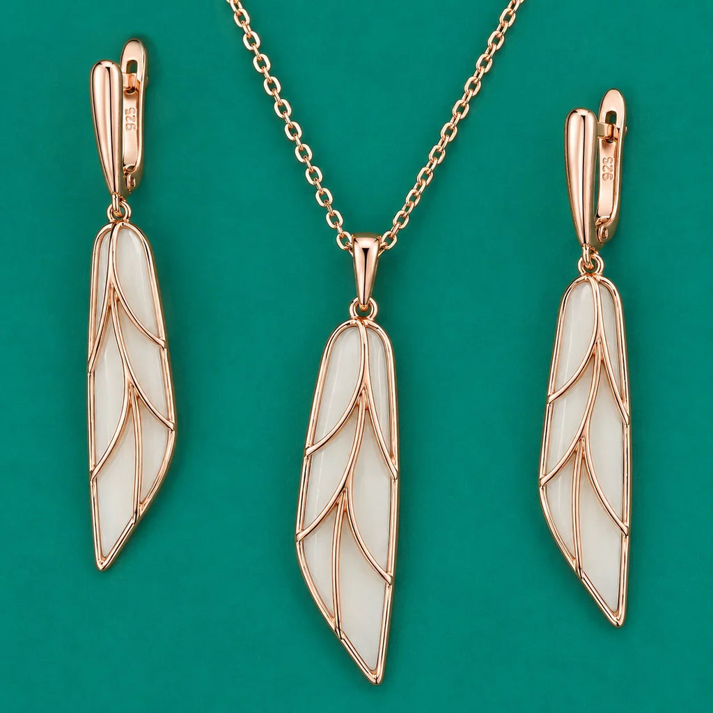 Rose Gold Leaf Necklace & Drop Earrings Set