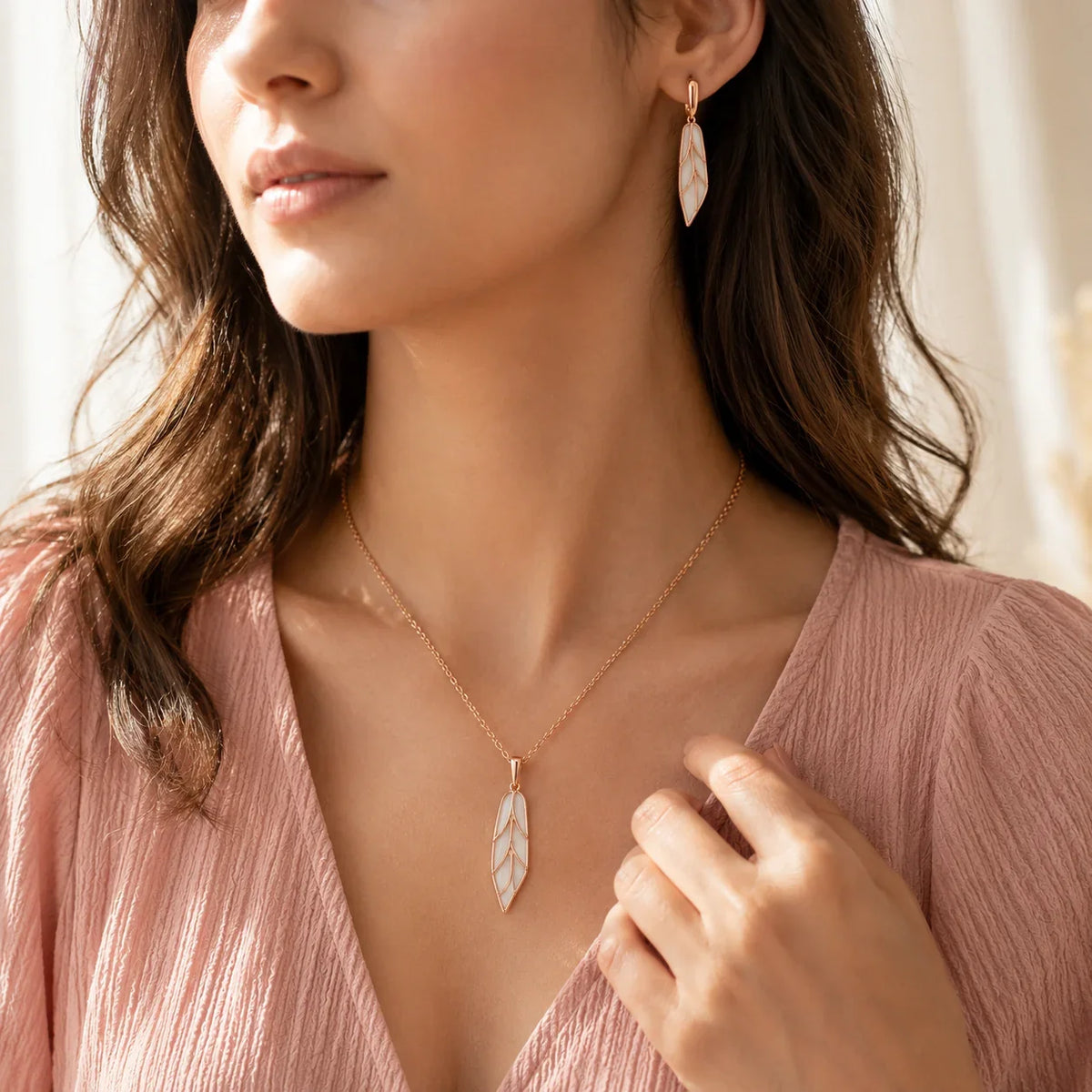 Rose Gold Leaf Necklace & Drop Earrings Set