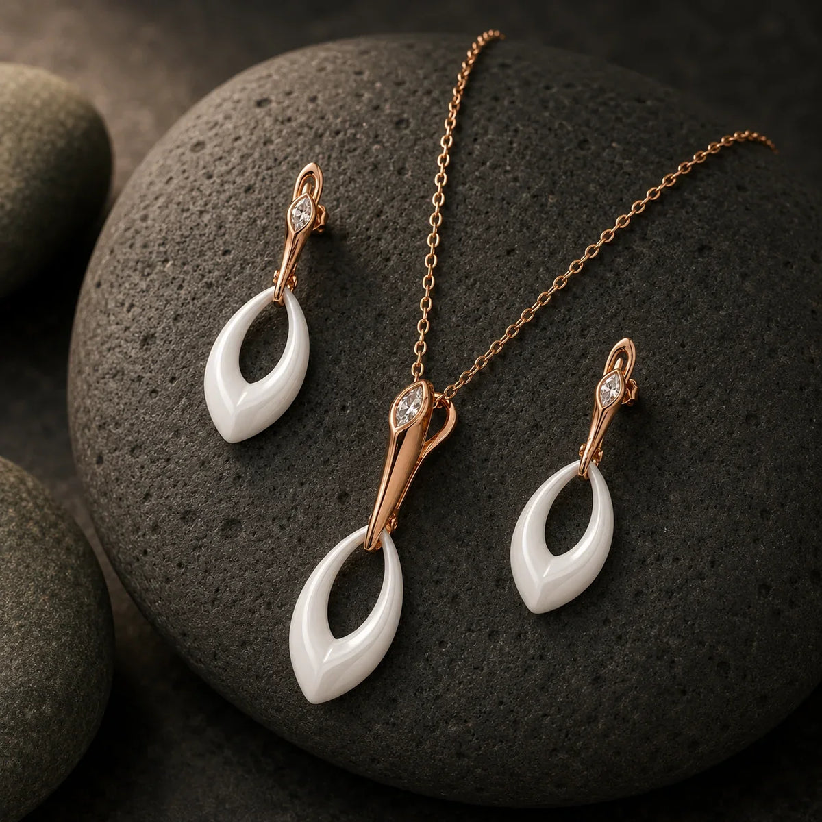 White Ceramic & Rose Gold Leaf Pendant Set