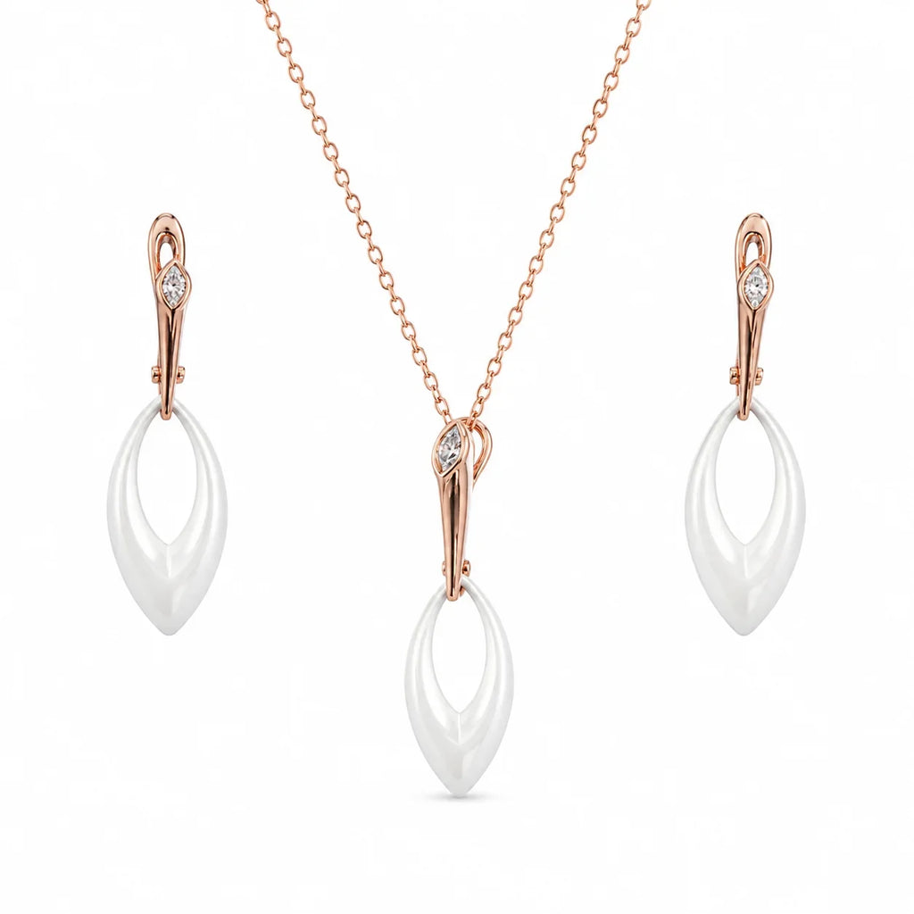 White Ceramic & Rose Gold Leaf Pendant Set