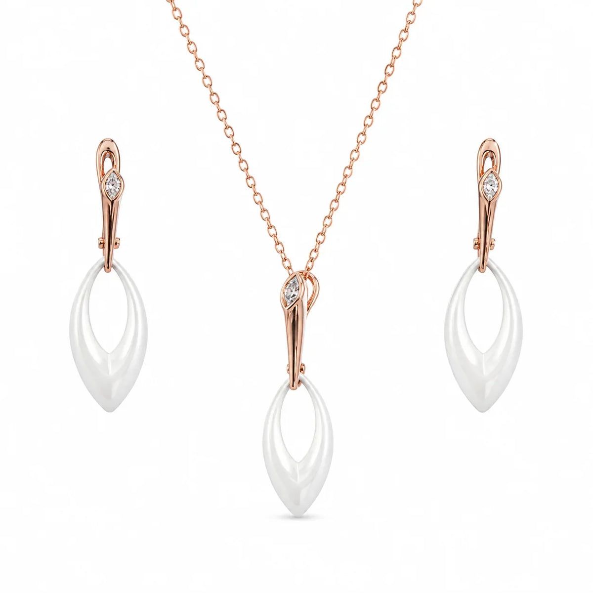 White Ceramic & Rose Gold Leaf Pendant Set