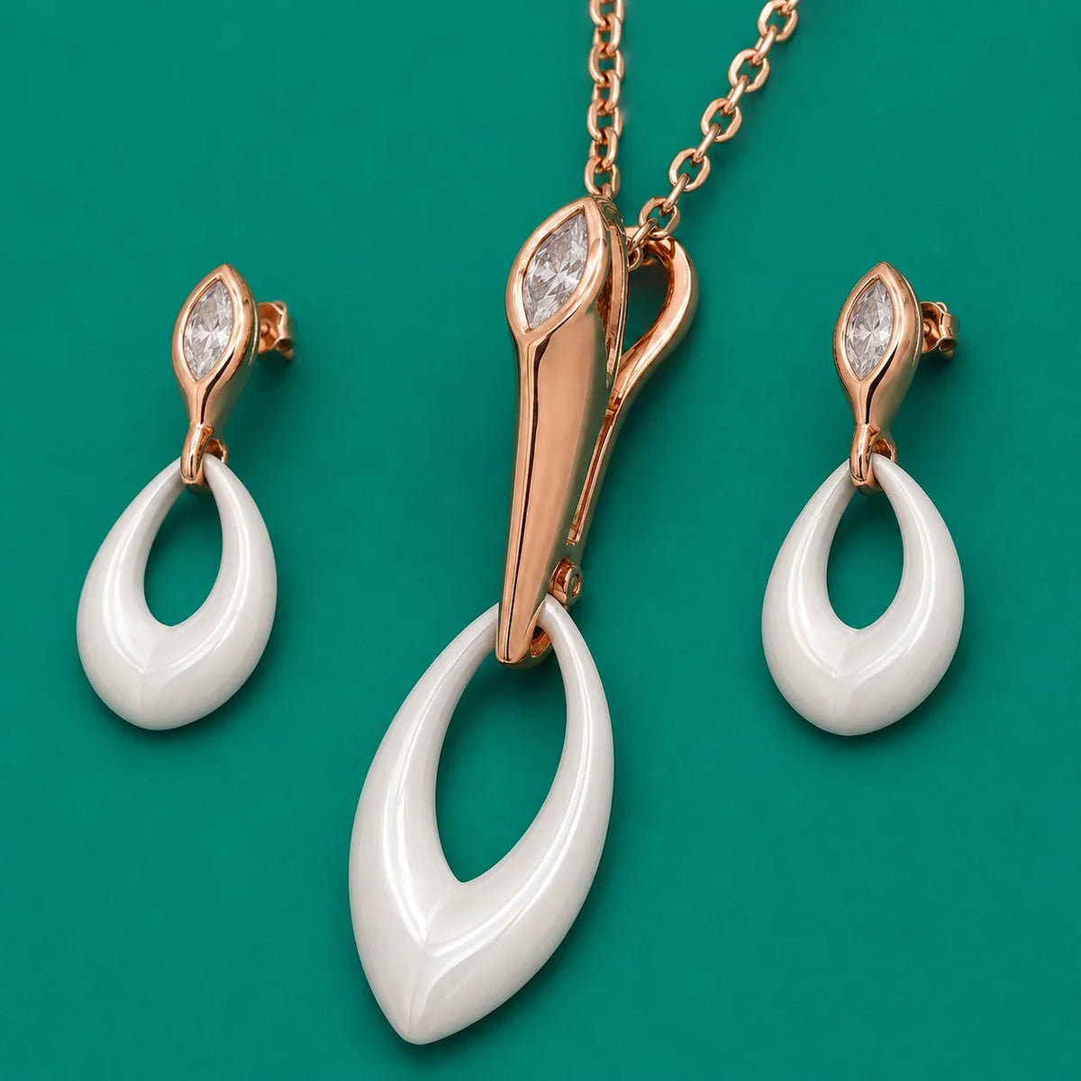 White Ceramic & Rose Gold Leaf Pendant Set