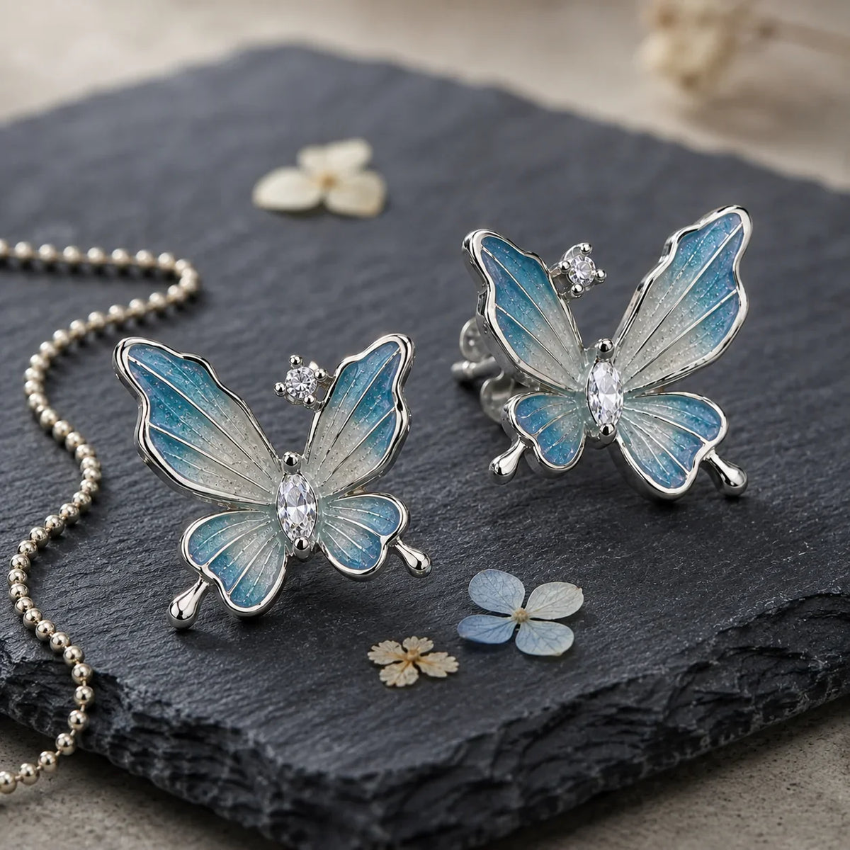 Blue Enamel Butterfly Stud Earrings
