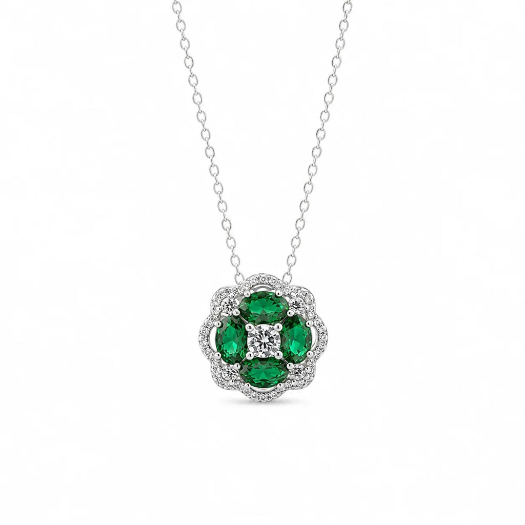 Emerald Green Flower Halo Pendant Necklace - Kinsey Atelier 925 Sterling Silver