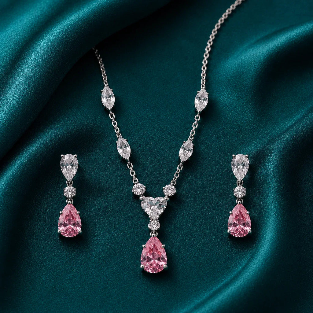 Pink Teardrop Necklace and Earrings Set - Kinsey Atelier 925 Sterling Silver