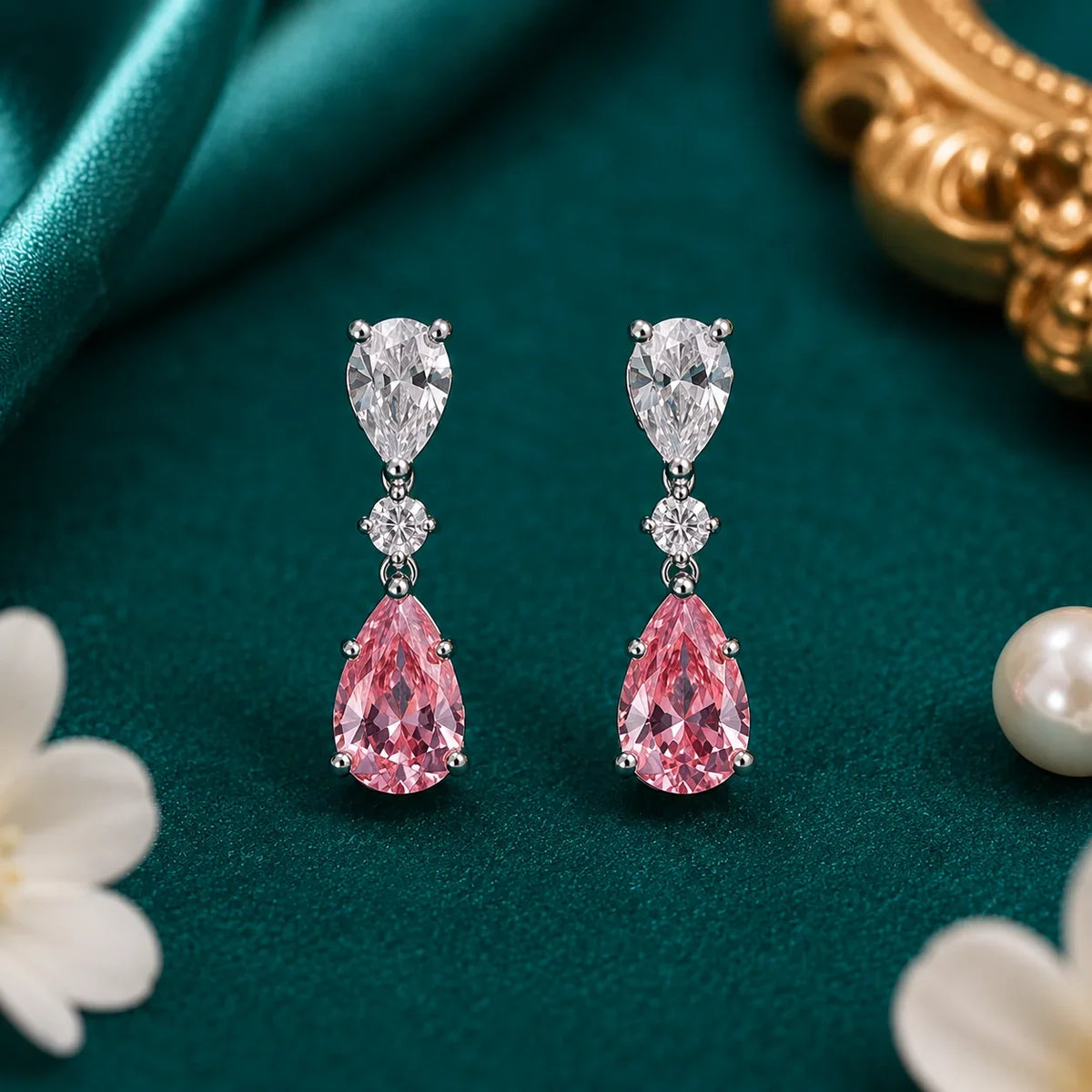 Pink Teardrop Necklace and Earrings Set - Kinsey Atelier 925 Sterling Silver