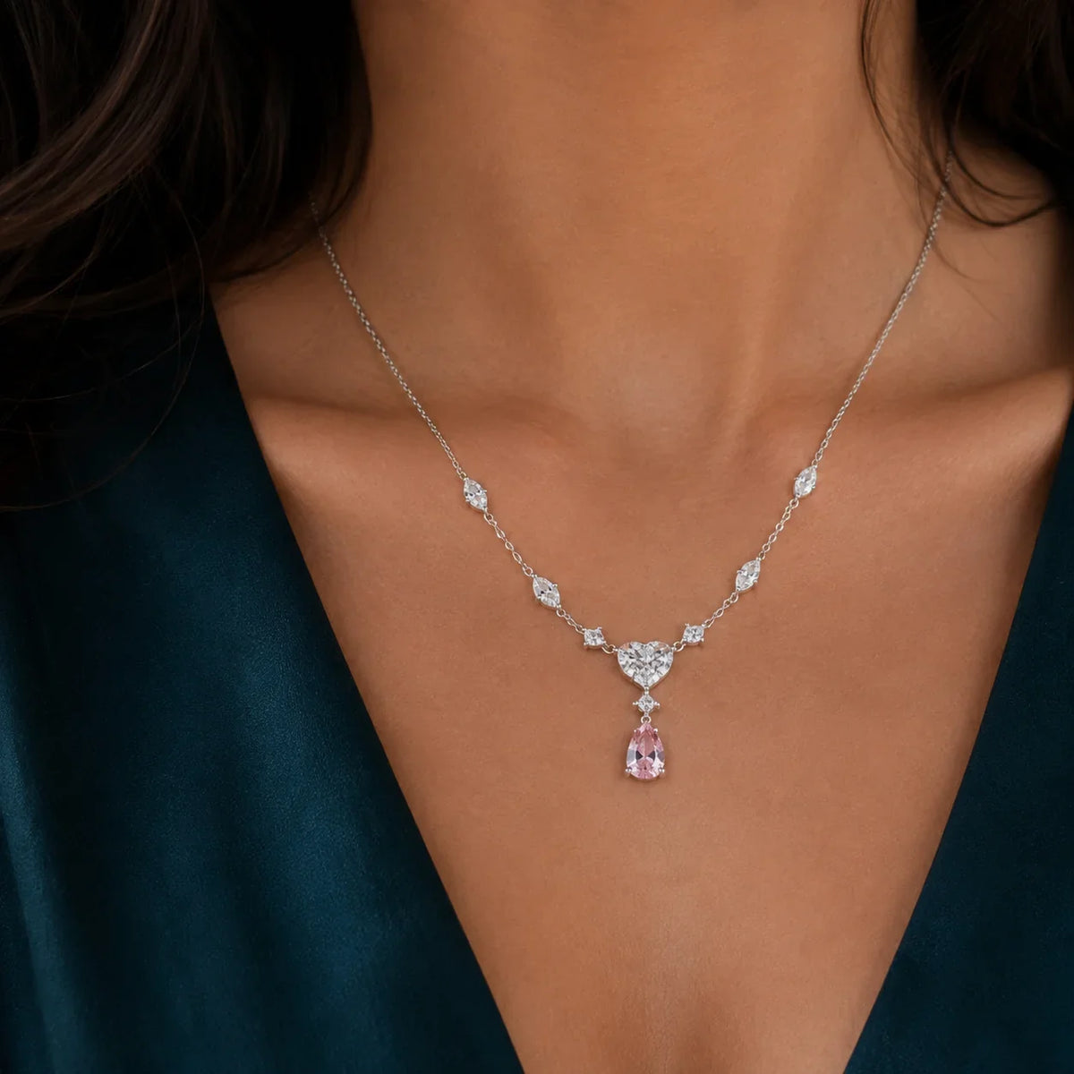 Pink Teardrop Necklace and Earrings Set - Kinsey Atelier 925 Sterling Silver