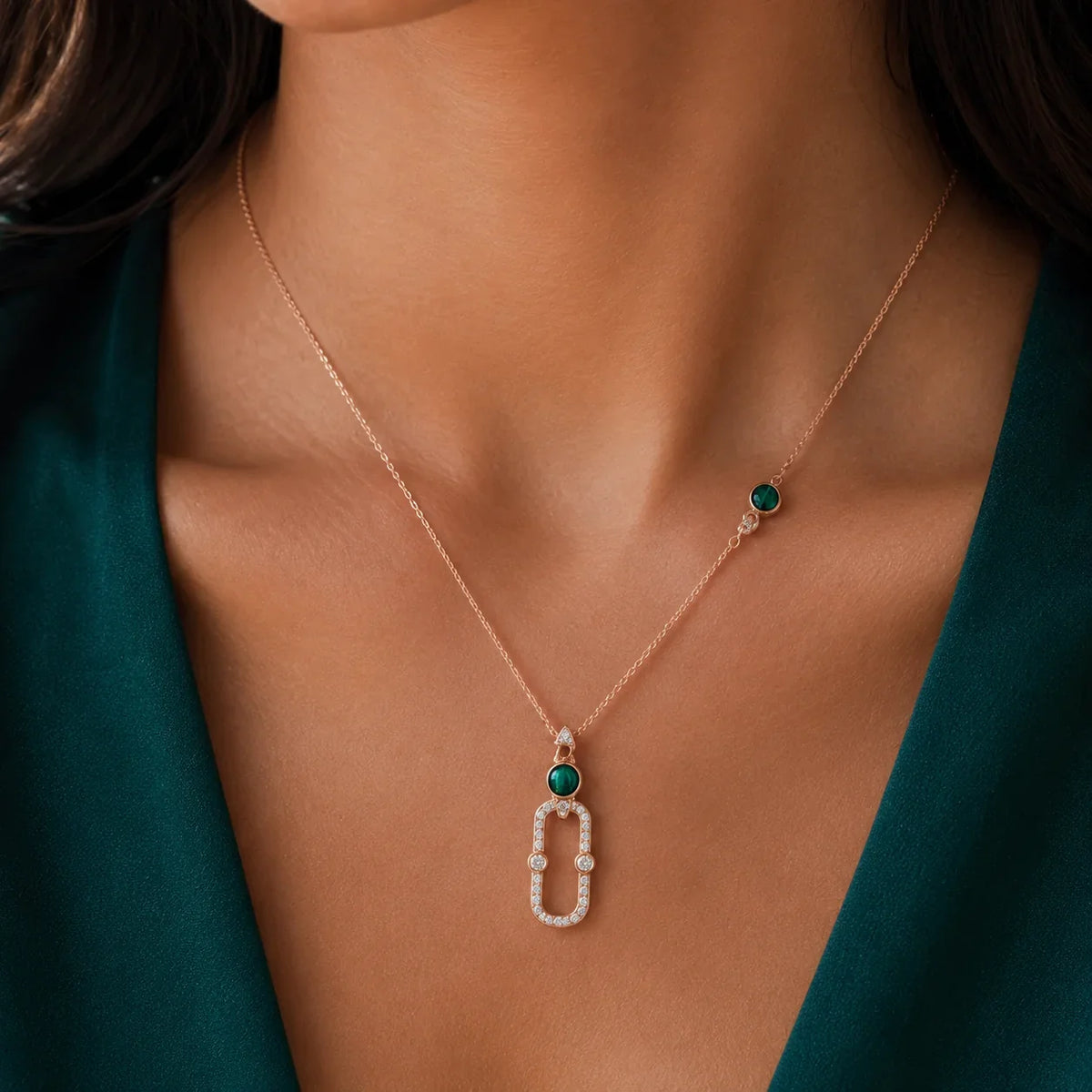 Malachite Oval Link Pendant Necklace - Kinsey Atelier 925 Sterling Silver