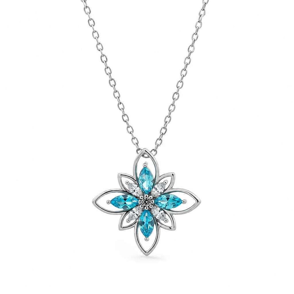 Aqua Marquise Flower Pendant Necklace - Kinsey Atelier 925 Sterling Silver