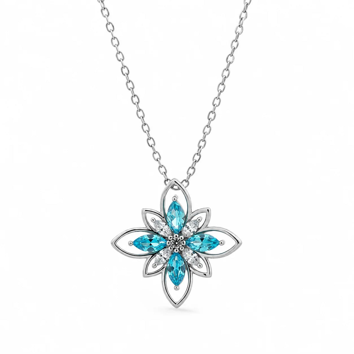 Aqua Marquise Flower Pendant Necklace - Kinsey Atelier 925 Sterling Silver