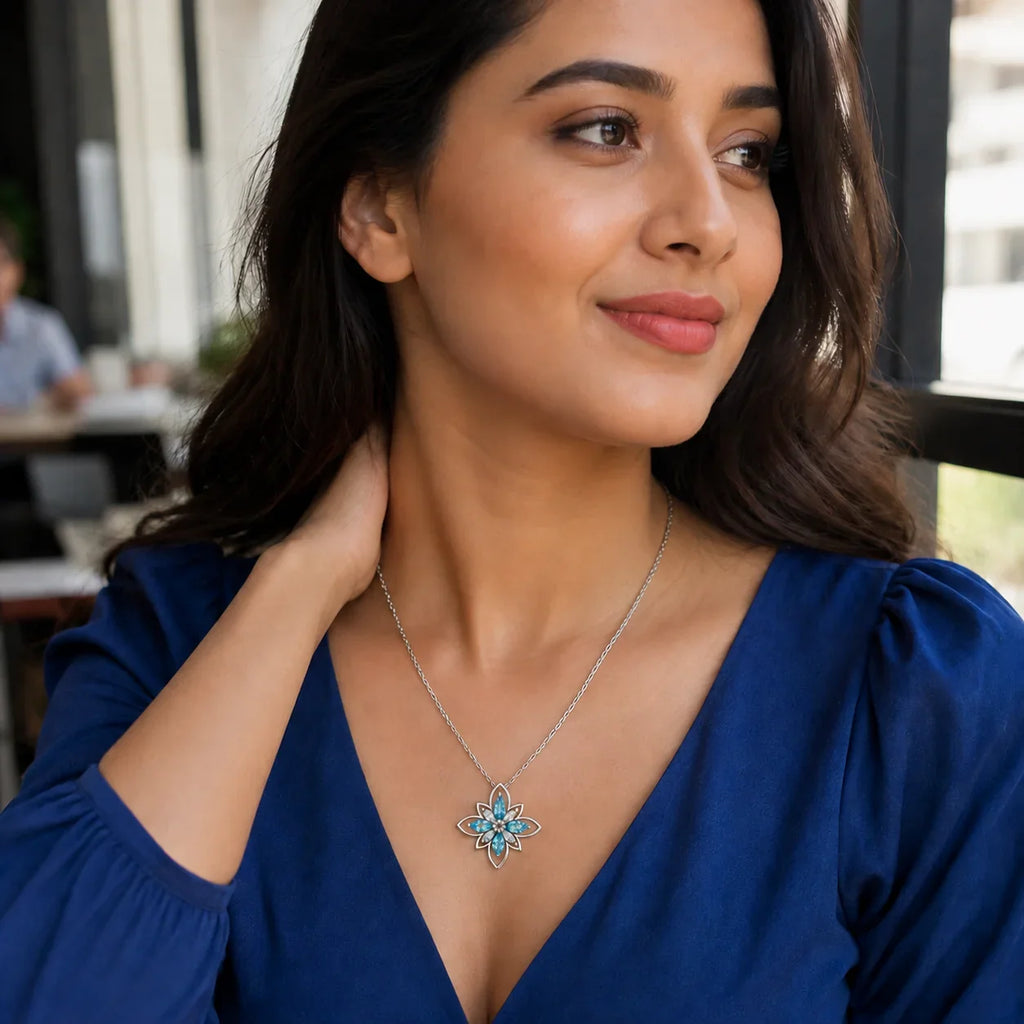 Aqua Marquise Flower Pendant Necklace - Kinsey Atelier 925 Sterling Silver