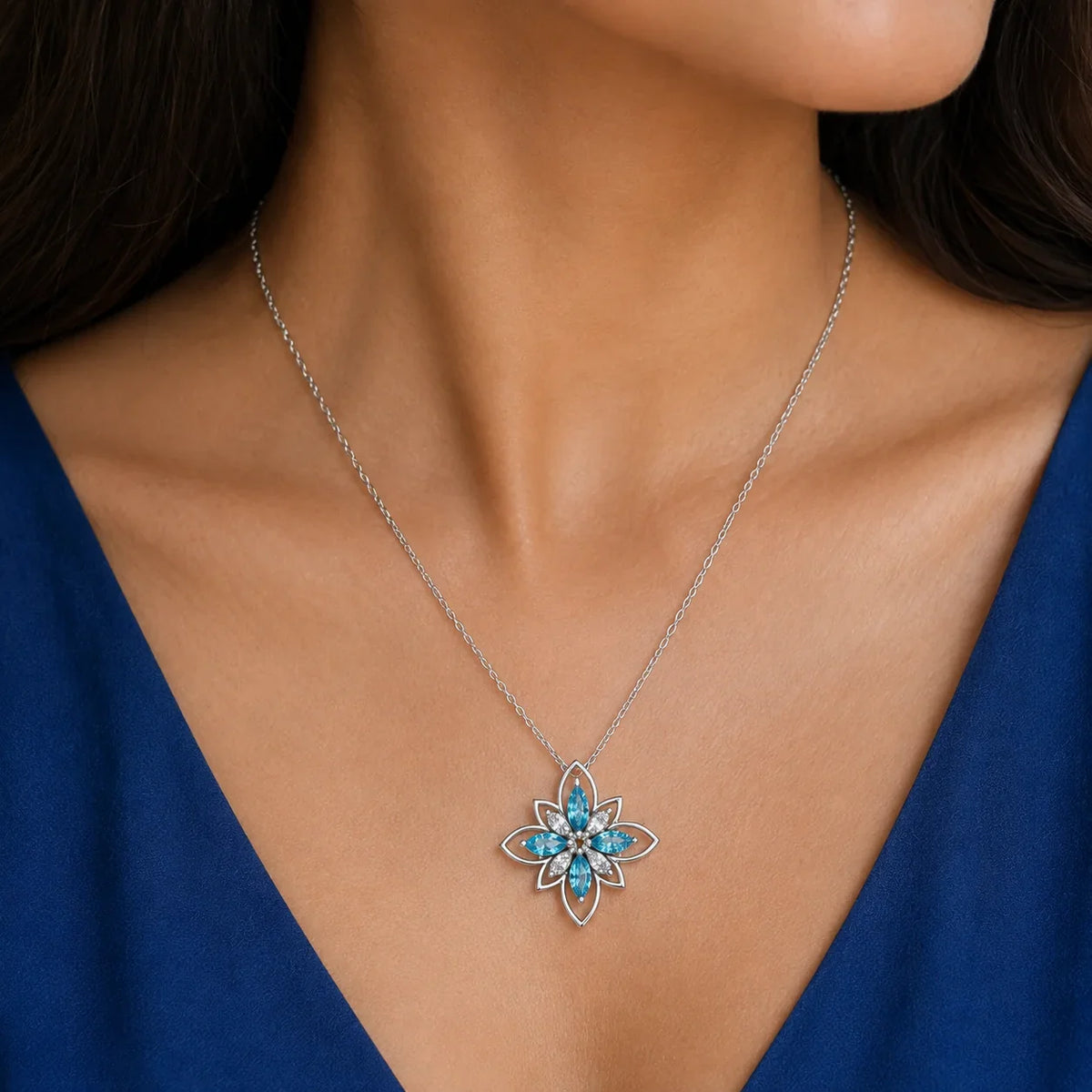 Aqua Marquise Flower Pendant Necklace - Kinsey Atelier 925 Sterling Silver