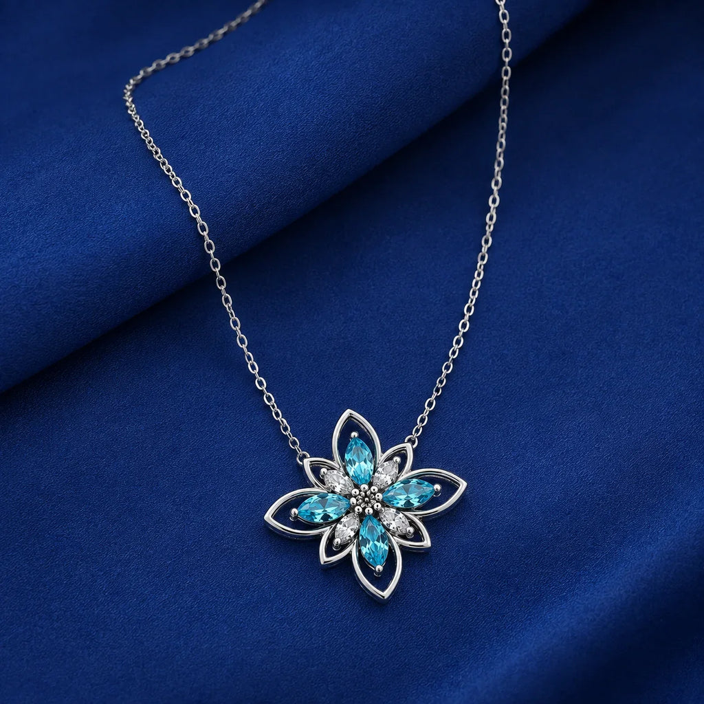 Aqua Marquise Flower Pendant Necklace - Kinsey Atelier 925 Sterling Silver