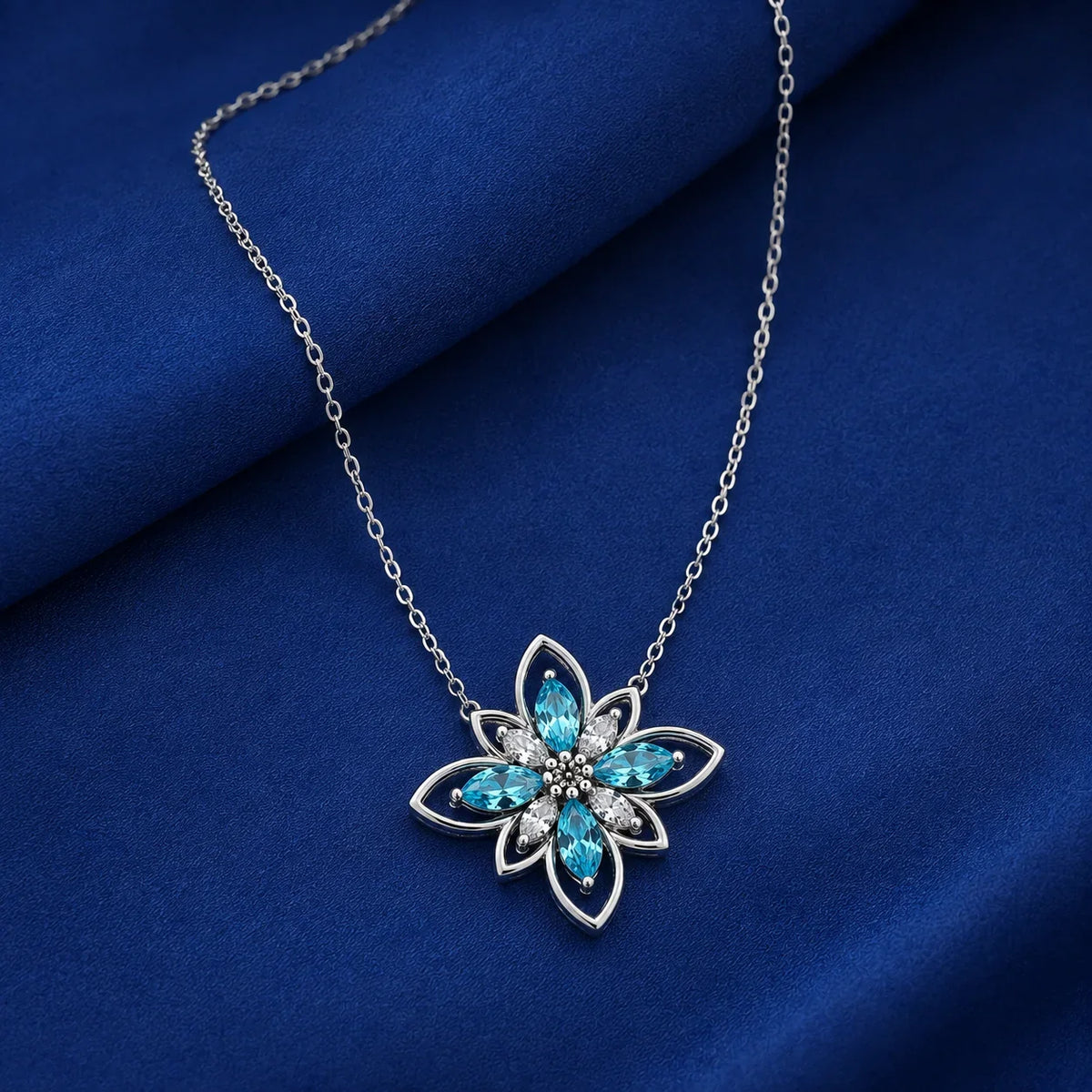 Aqua Marquise Flower Pendant Necklace - Kinsey Atelier 925 Sterling Silver