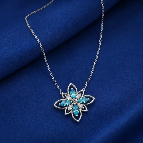 Aqua Marquise Flower Pendant Necklace - Kinsey Atelier 925 Sterling Silver