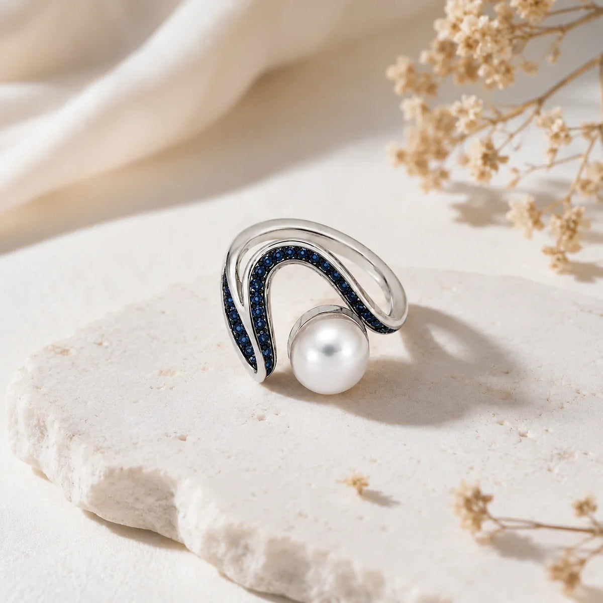 Pearl and Pave Wave Ring in Blue - Kinsey Atelier 925 Sterling Silver