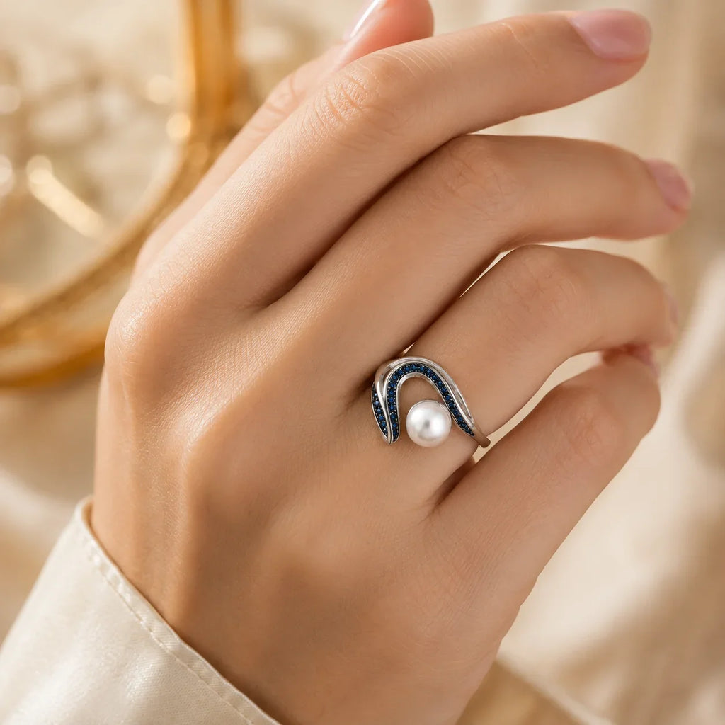 Pearl and Pave Wave Ring in Blue - Kinsey Atelier 925 Sterling Silver
