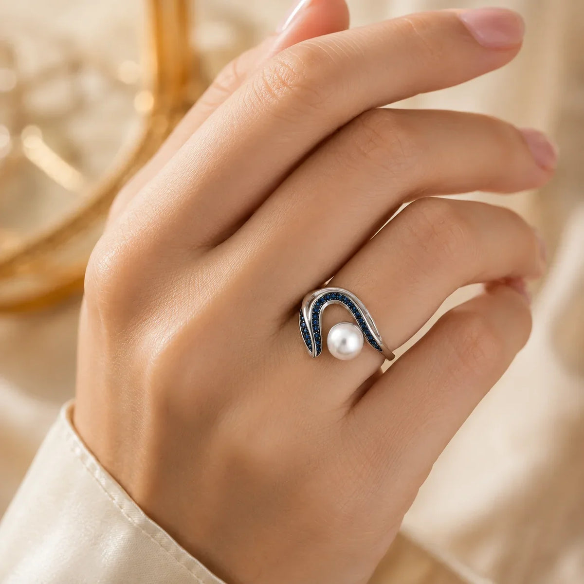 Pearl and Pave Wave Ring in Blue - Kinsey Atelier 925 Sterling Silver