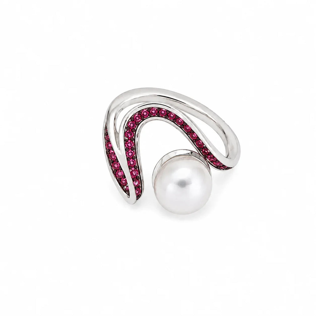 Pearl and Pave Wave Ring in Pink - Kinsey Atelier 925 Sterling Silver