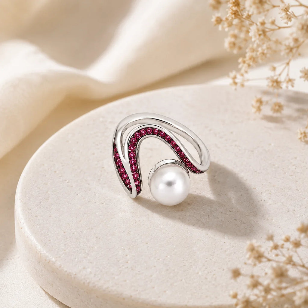 Pearl and Pave Wave Ring in Pink - Kinsey Atelier 925 Sterling Silver