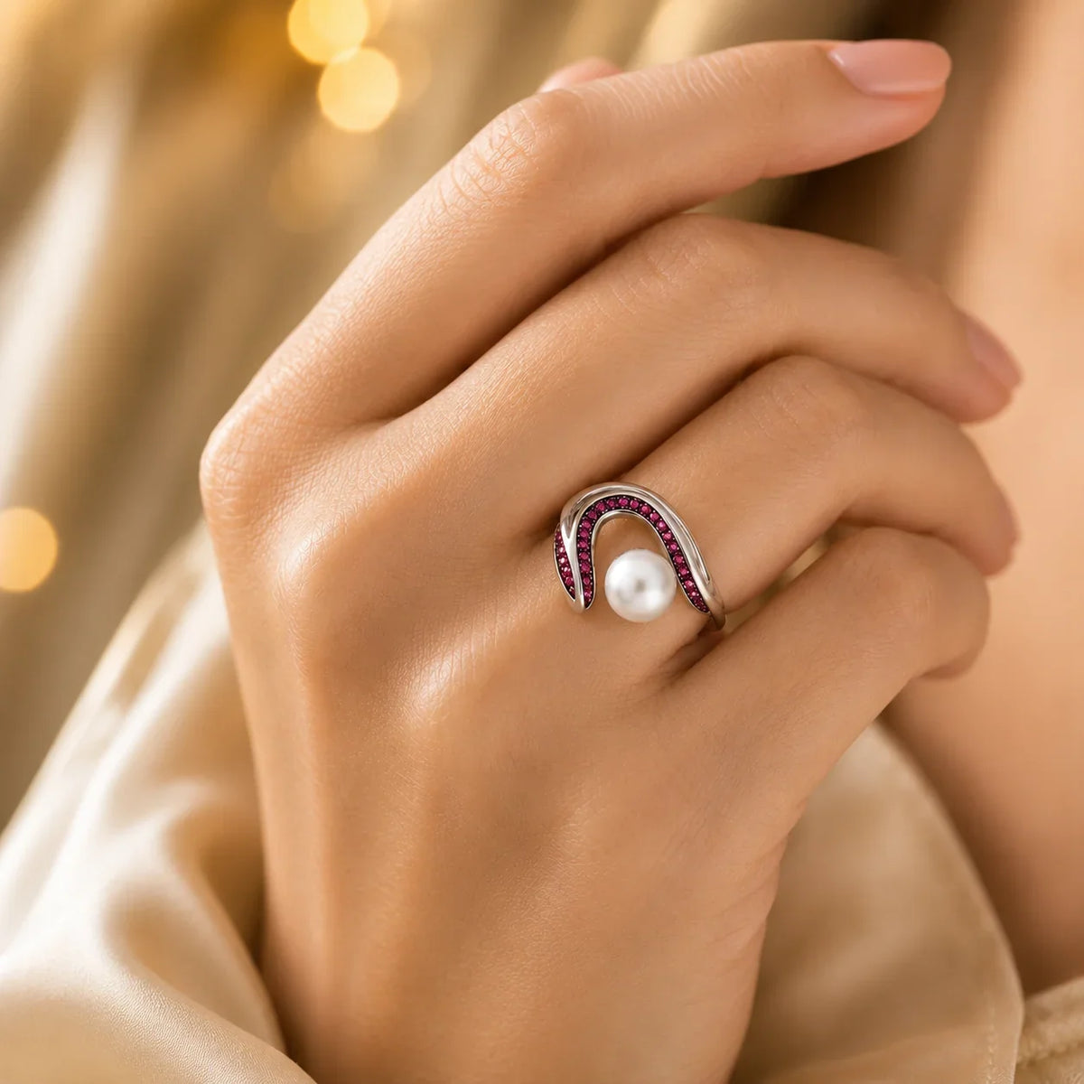 Pearl and Pave Wave Ring in Pink - Kinsey Atelier 925 Sterling Silver