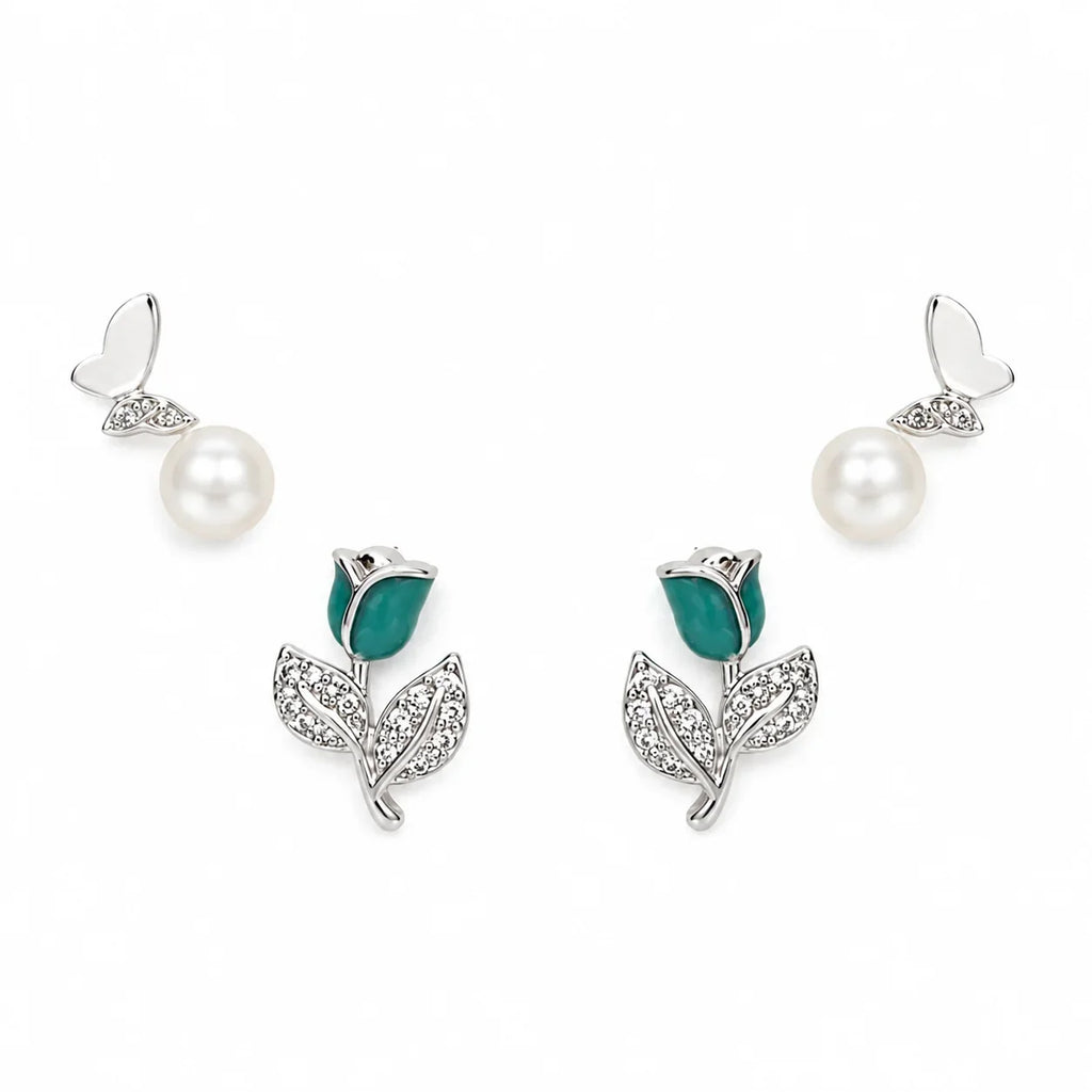 Butterfly Pearl and Tulip Studs Set of 2 - Kinsey Atelier 925 Sterling Silver
