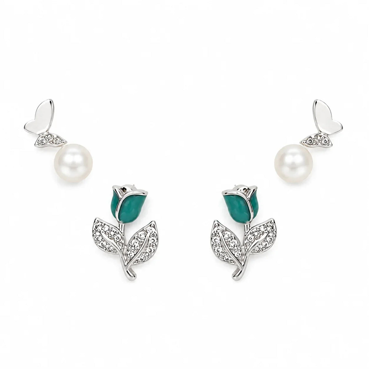 Butterfly Pearl and Tulip Studs Set of 2 - Kinsey Atelier 925 Sterling Silver