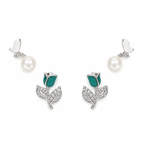 Butterfly Pearl and Tulip Studs Set of 2 - Kinsey Atelier 925 Sterling Silver