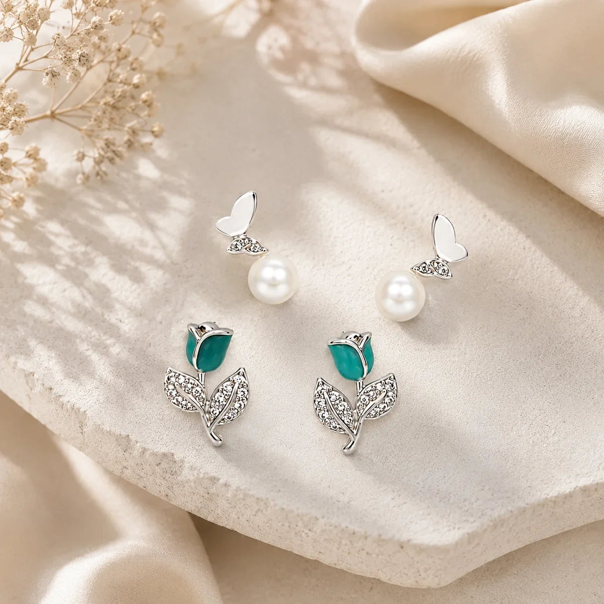 Butterfly Pearl and Tulip Studs Set of 2 - Kinsey Atelier 925 Sterling Silver