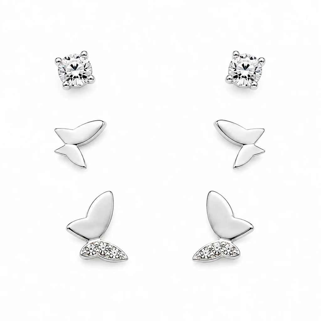 Solitaire and Butterfly Studs Set of 3 - Kinsey Atelier 925 Sterling Silver