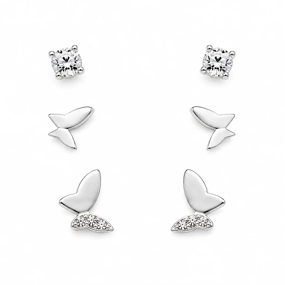 Solitaire and Butterfly Studs Set of 3 - Kinsey Atelier 925 Sterling Silver