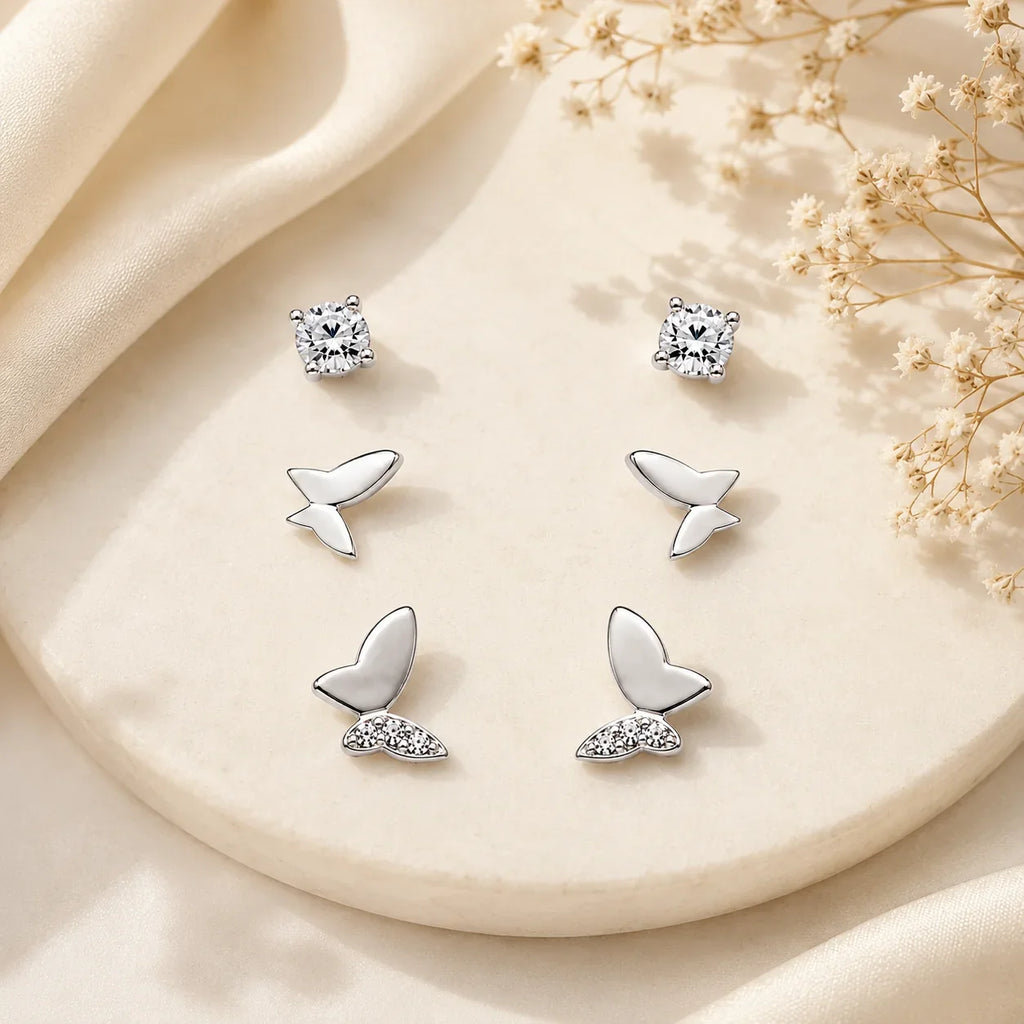 Solitaire and Butterfly Studs Set of 3 - Kinsey Atelier 925 Sterling Silver