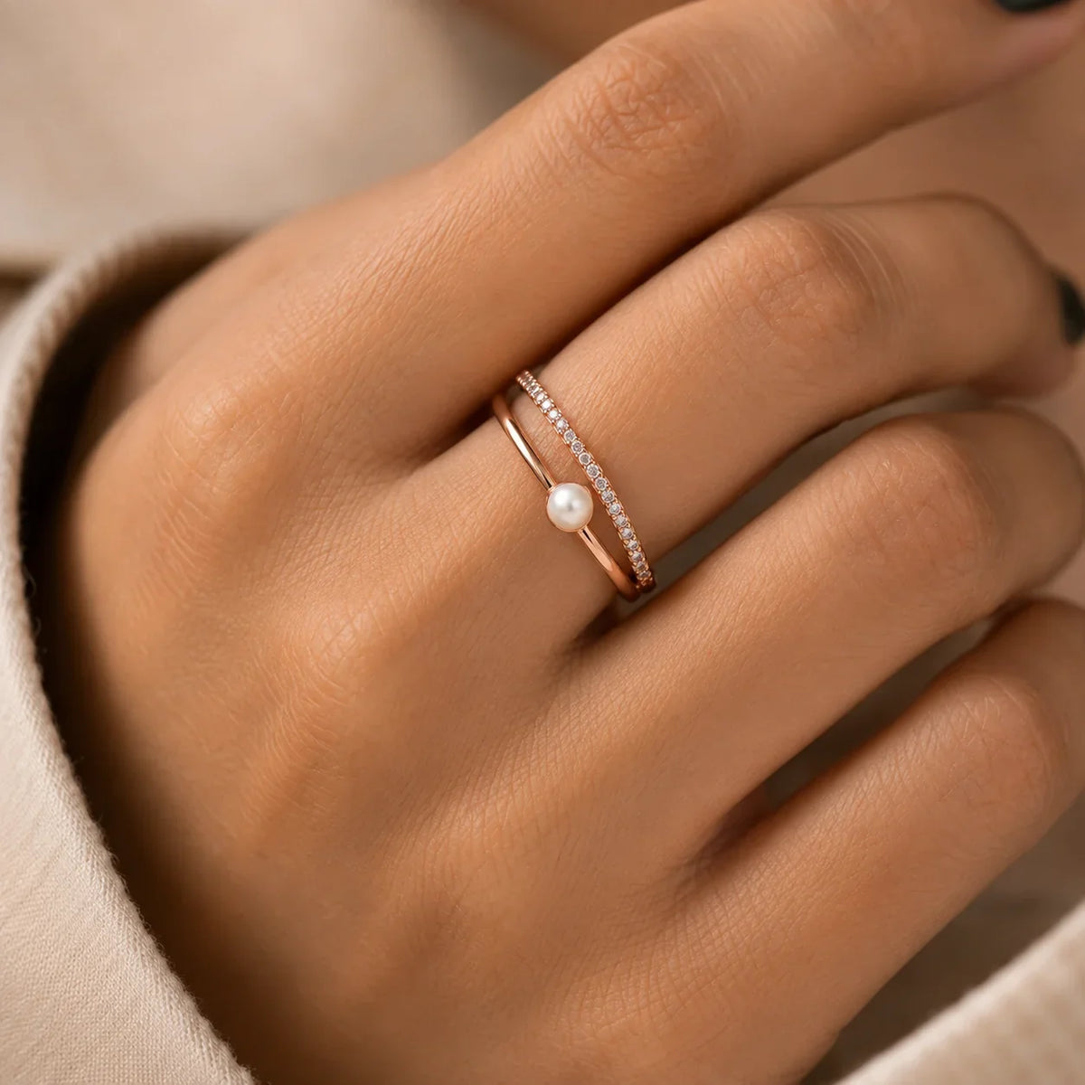 Rose Gold Pearl Double Band Ring - Kinsey Atelier 925 Sterling Silver