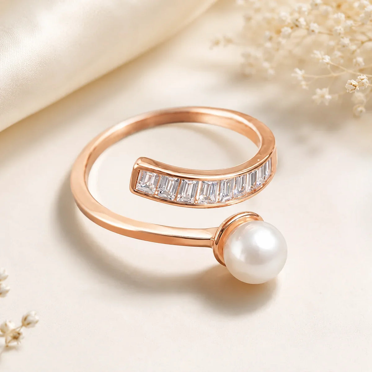 Rose Gold Pearl and Baguette Wrap Ring - Kinsey Atelier 925 Sterling Silver
