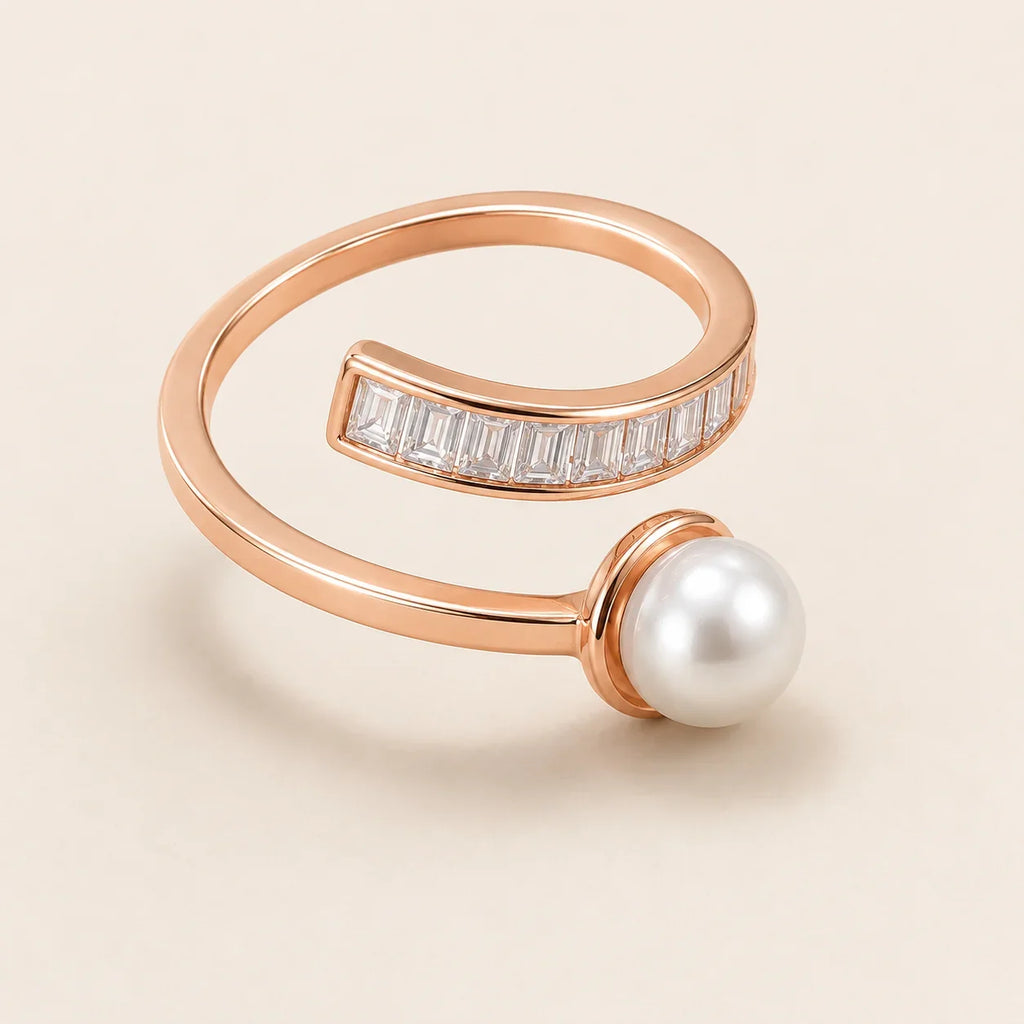 Rose Gold Pearl and Baguette Wrap Ring - Kinsey Atelier 925 Sterling Silver
