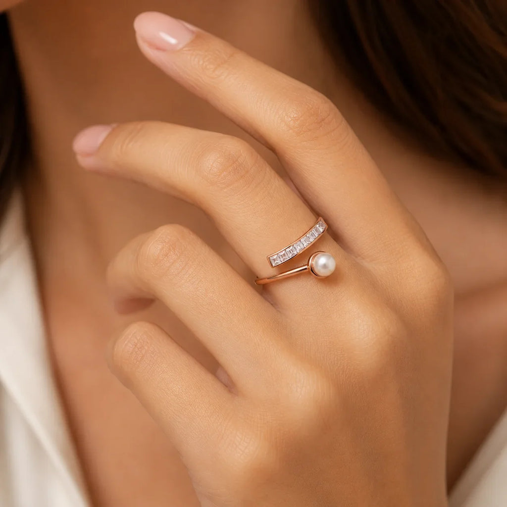 Rose Gold Pearl and Baguette Wrap Ring - Kinsey Atelier 925 Sterling Silver