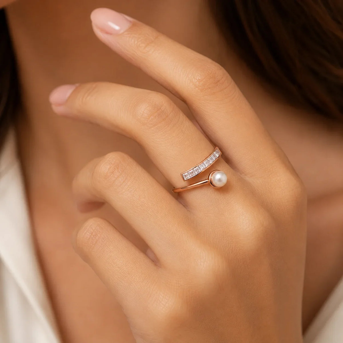 Rose Gold Pearl and Baguette Wrap Ring - Kinsey Atelier 925 Sterling Silver