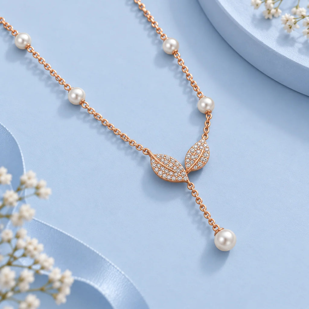 Rose Gold Pearl Station Leaf Lariat Necklace