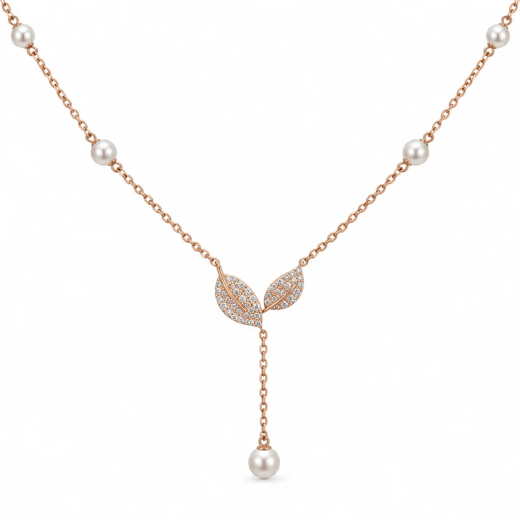 Rose Gold Pearl Station Leaf Lariat Necklace