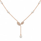 Rose Gold Pearl Station Leaf Lariat Necklace