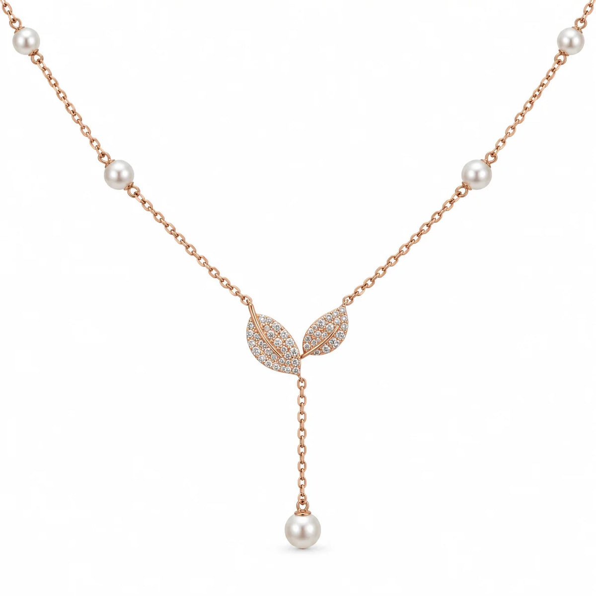 Rose Gold Pearl Station Leaf Lariat Necklace