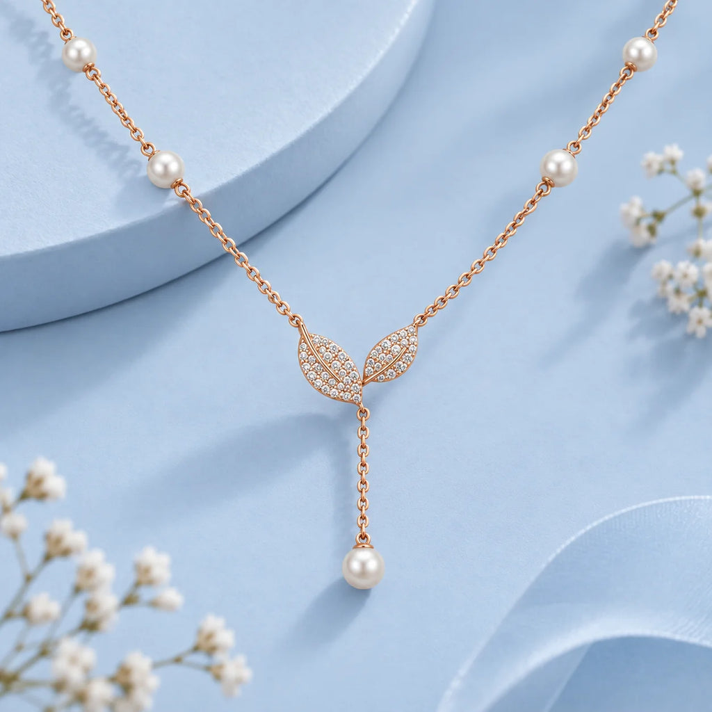 Rose Gold Pearl Station Leaf Lariat Necklace