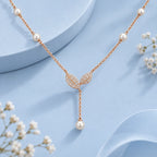 Rose Gold Pearl Station Leaf Lariat Necklace